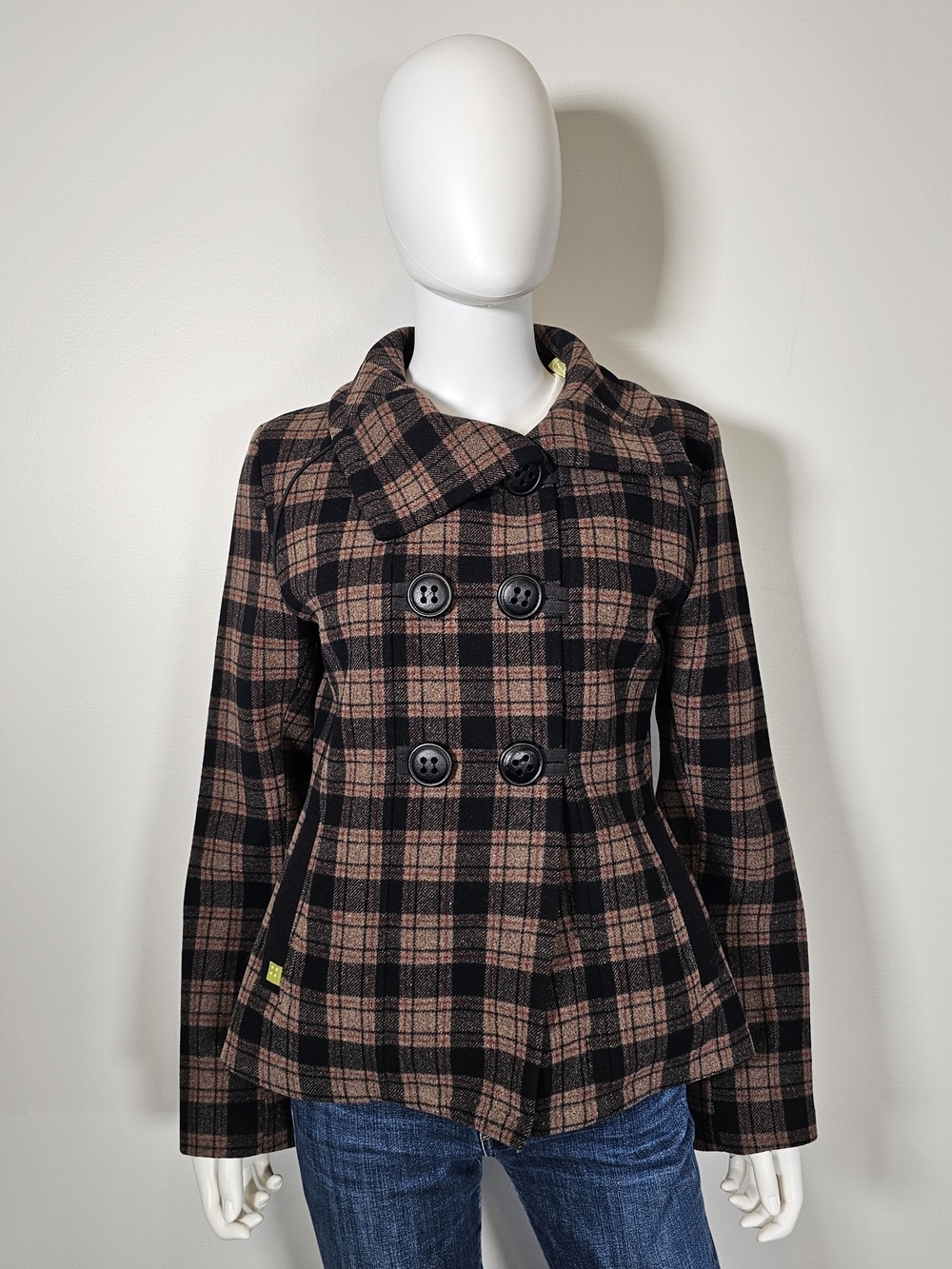 Soia & Kyo Black & Brown Plaid Double-Breasted Peacoat Sz PS